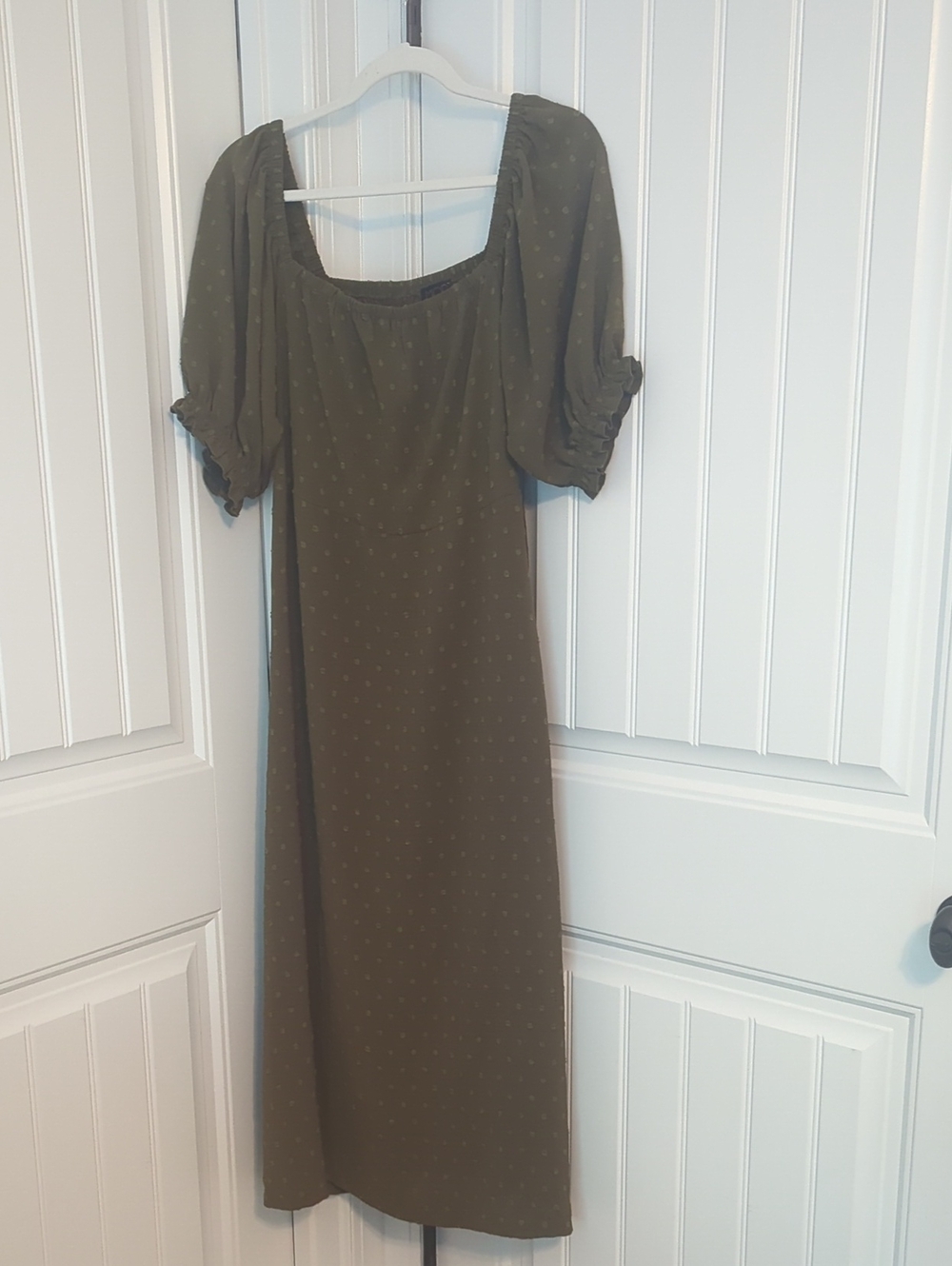 Square Neck Olive Maxi Dress with Ruched Puff Sleeves